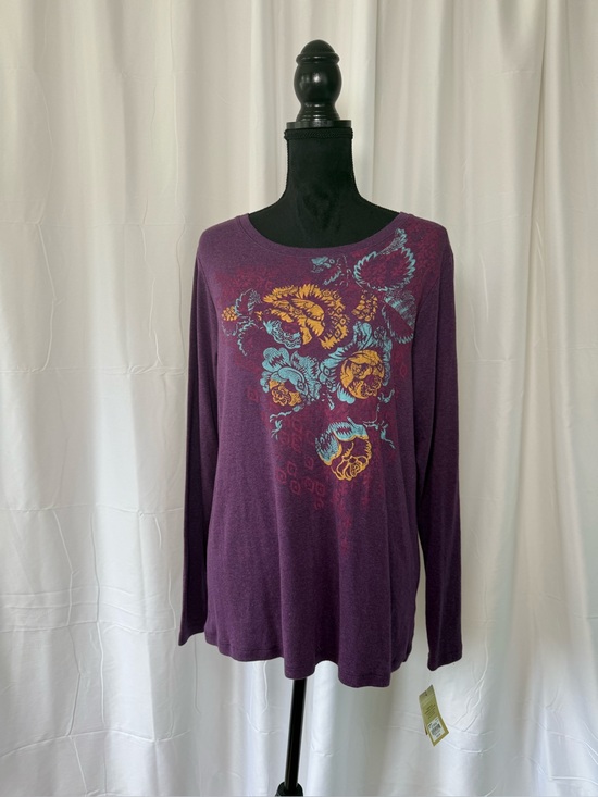 Sonoma Tops - NWT Eggplant Heather Gold Turquoise Graphic Tee Top Long Sleeve Women's Plus 0X